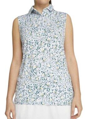 Puma Sleeveless Golf Polo Shirt Womens Large Green Yellow Leopard Print Summer